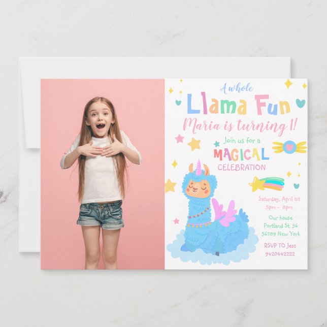 Convite de Aniversário com Foto de Lhama Llamacorn (Frente)