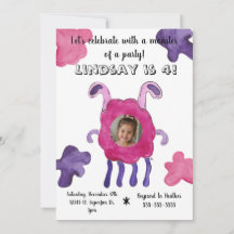 Convite de Aniversário com Foto de Monstro Rosa e