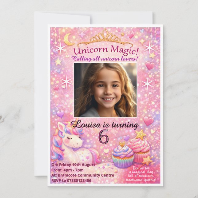 Convite de Aniversário com Foto de Unicórnio Rosa (Frente)