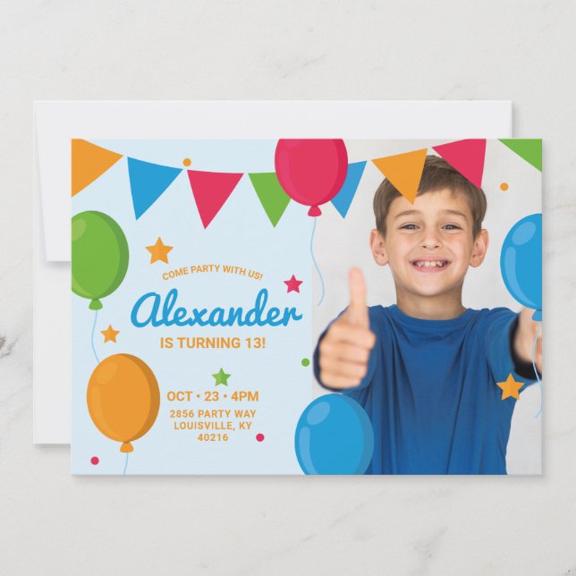 Convite de Aniversário com Foto e Balões para Cria (Frente)