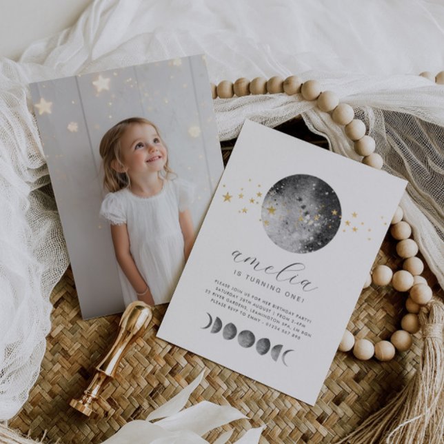 Convite de Aniversário com Foto e Fases da Lua em  (Zazzle Moon Phases Gold Stars Photo Birthday Invitation)