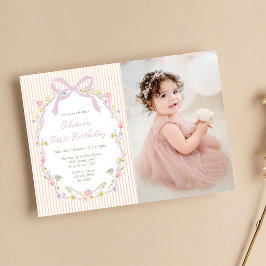 Convite de Aniversário com Foto e Listras Florais 
