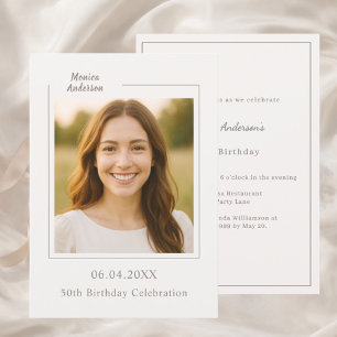 Convite de aniversário com foto em marfim e taupe