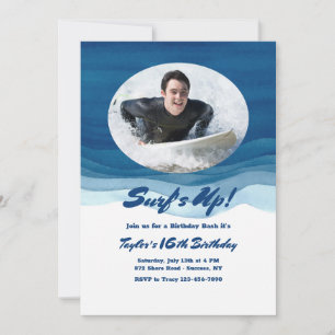 Convite de Aniversário com Foto Ondas Azuis