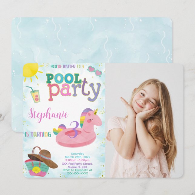 Convite de Aniversário com Foto para Festa na Pisc (Frente/Verso)