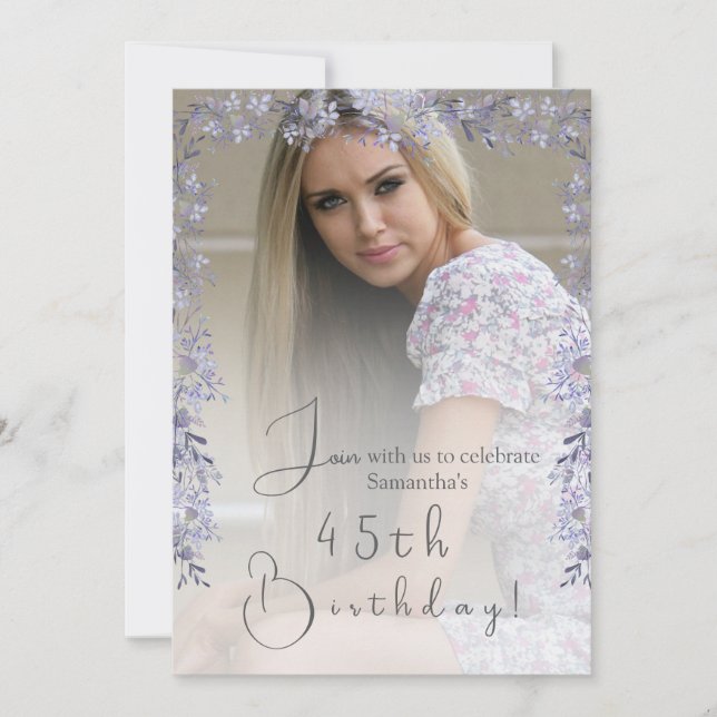 Convite de Aniversário com Foto Vintage Lavanda (Frente)