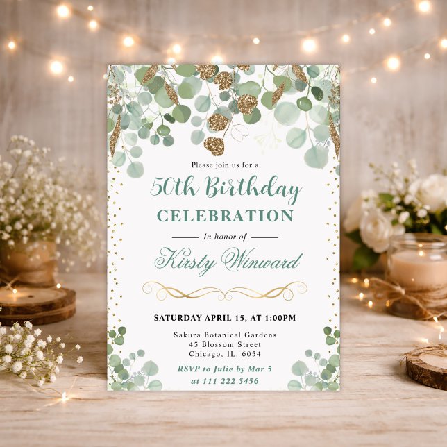 Convite de Aniversário com Glitter Dourado e Eucal (Criador carregado)