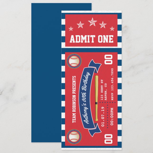Convite de Aniversário com Ingresso de Beisebol (Frente/Verso)