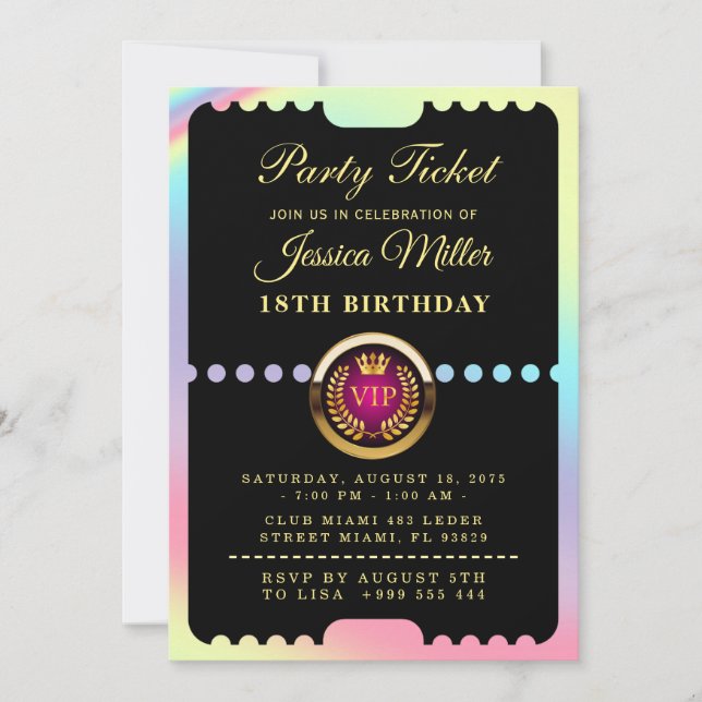 Convite de Aniversário com Ingresso para Festa VIP (Frente)