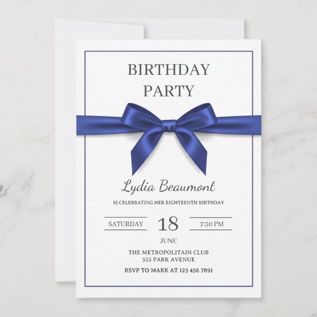 Convite de Aniversário com Laço Azul Marinho Elega (Frente)