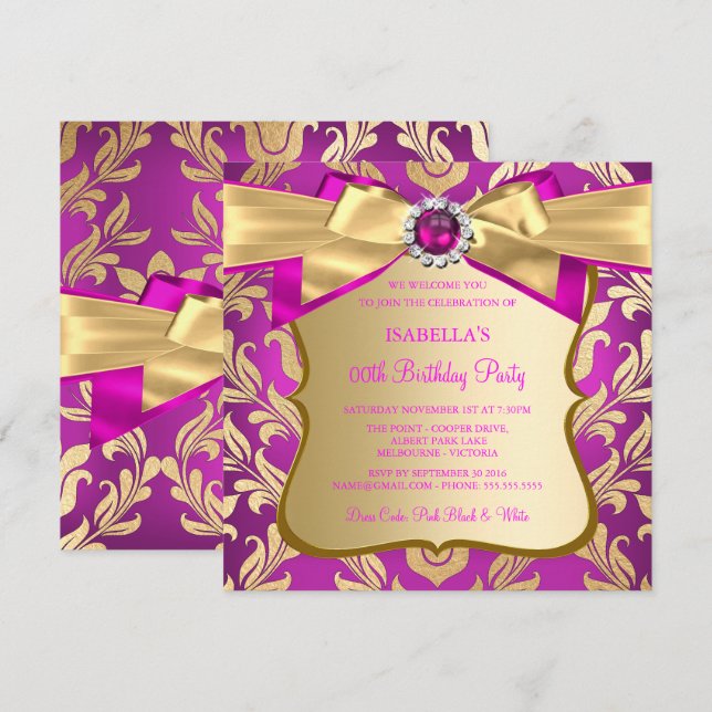 Convite de Aniversário com Laço Damasco Dourado Ro (Frente/Verso)