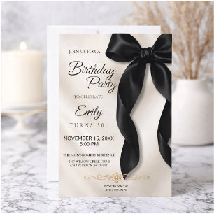 Convite de Aniversário com Laço Preto Elegante