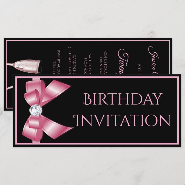 Convite de Aniversário com Laço Rosa e Champanhe (Frente/Verso)