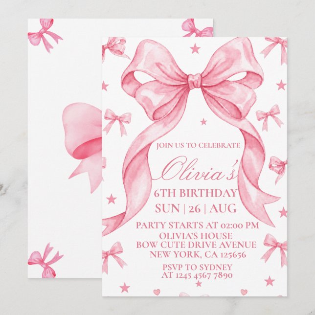 Convite de Aniversário com Laço Rosa, Festa de Ani (Frente/Verso)