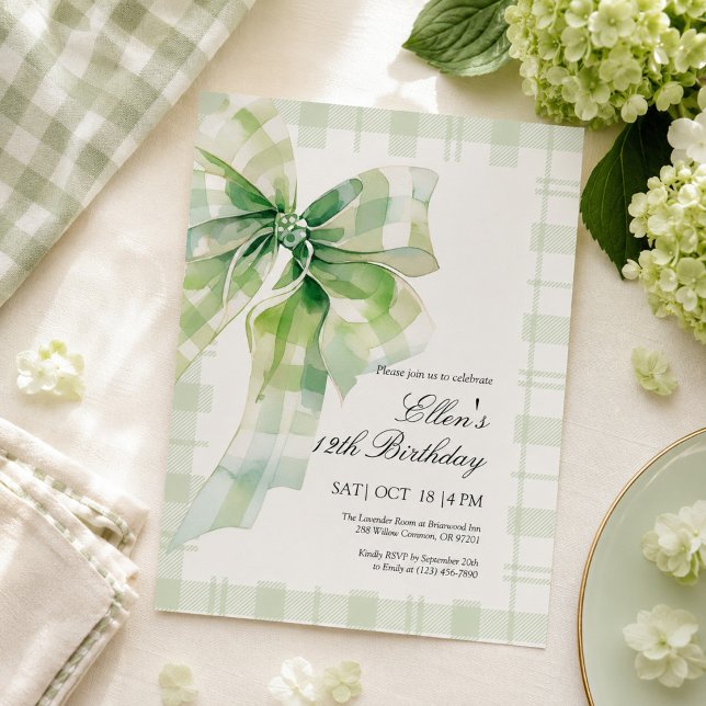 Convite de Aniversário com Laço Verde Sage (Criador carregado)