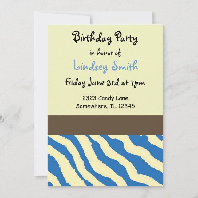 Convite de Aniversário com Listras de Zebra Azul e (Frente)