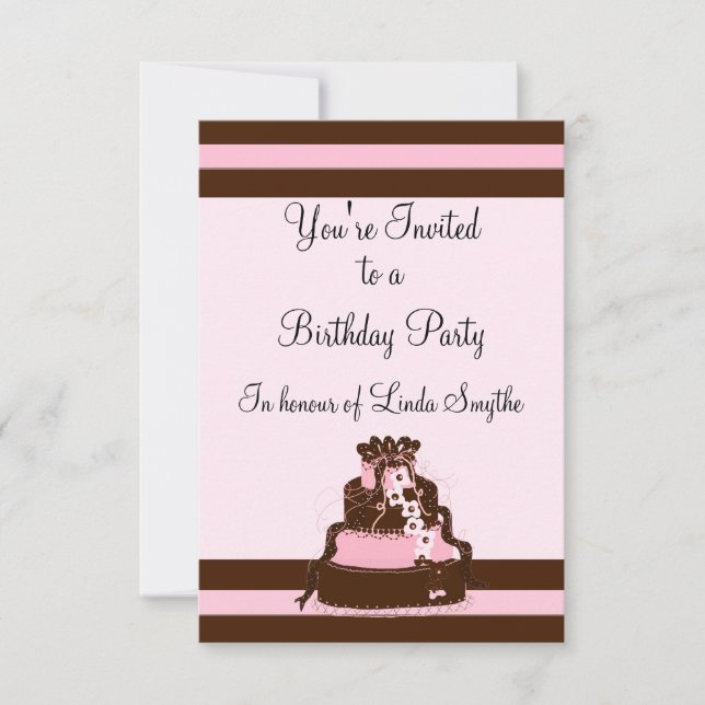 Convite de Aniversário com Listras Rosa e Chocolat (Frente)