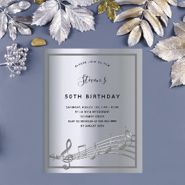 Convite de aniversário com notas musicais prateada