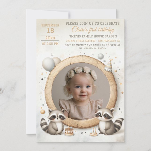 Convite de aniversário com o Raccoon Frame para Fo (Frente)