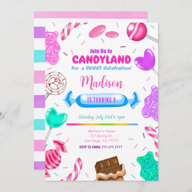 Convite de aniversário com tema Candy land editáve (Frente/Verso)