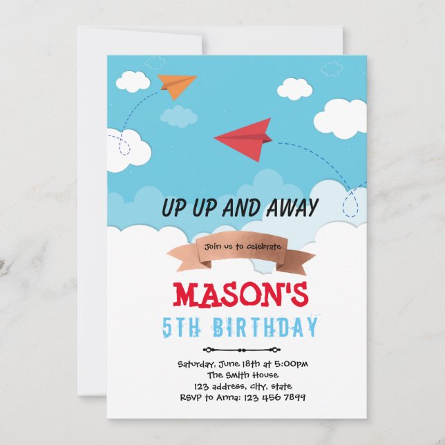 Convite de aniversário com tema de avião de papel (Frente)