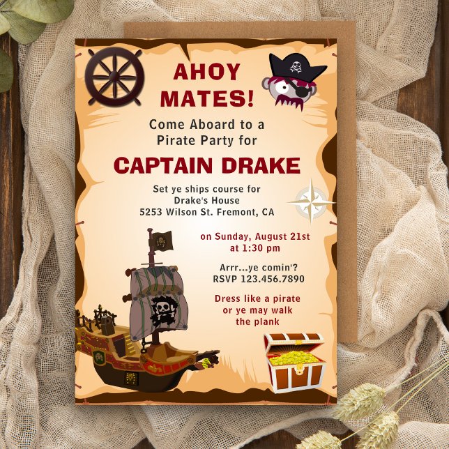 Convite de Aniversário com Tema de Pirata Rústico  (Criador carregado)