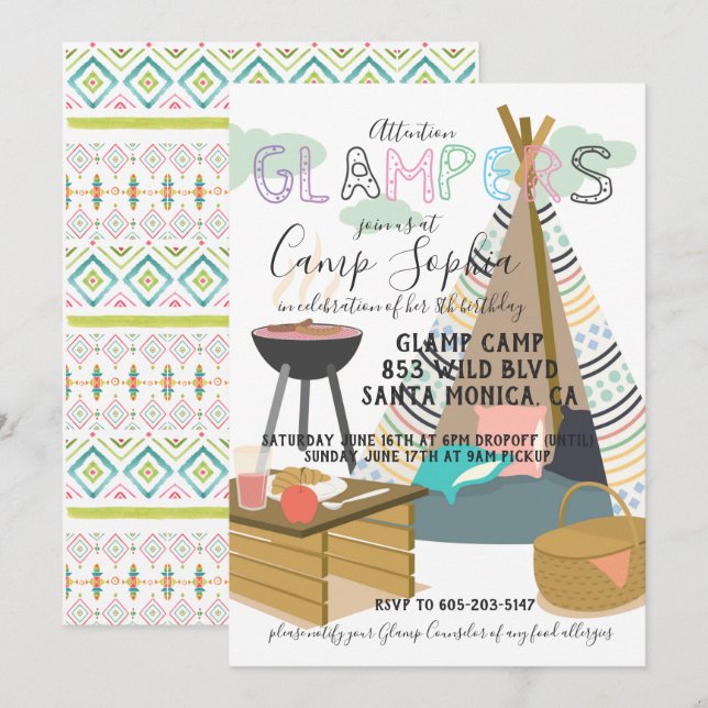 Convite de Aniversário com Tema Glamping (Frente/Verso)