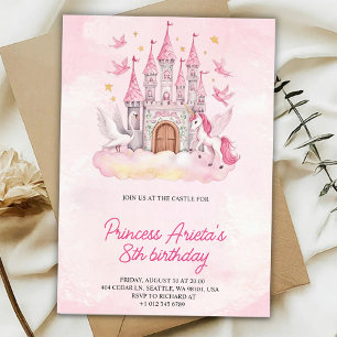 Convite de Aniversário com um castelo rosa 