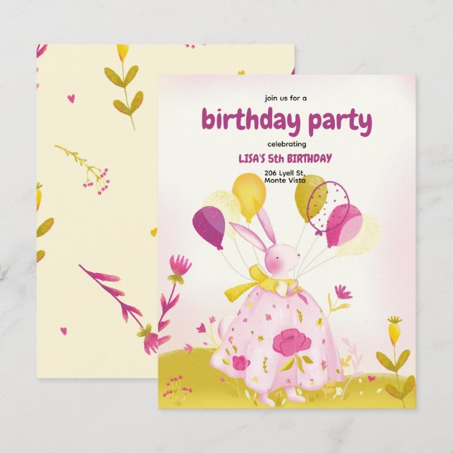 Convite de aniversário com um coelho (Frente/Verso)