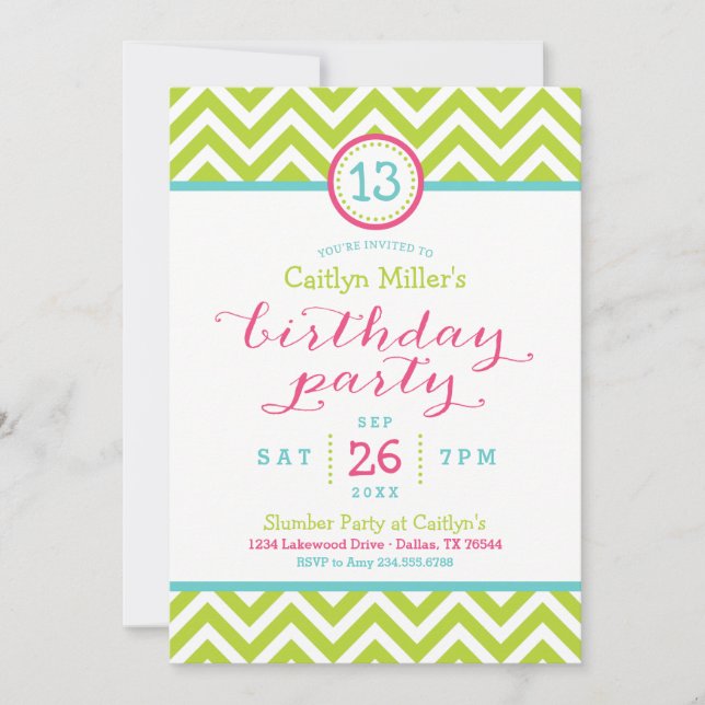 Convite de Aniversário com Zigzag Chevron na Moda (Frente)
