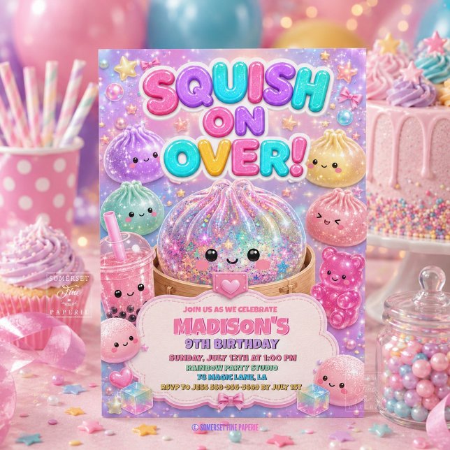 Convite de Aniversário Comida Squishies Brilhante  (Cute Glitter Dumpling Squishies Birthday Party Invitation )