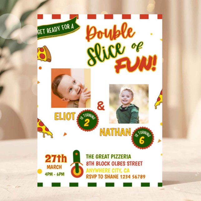 Convite de Aniversário Conjunto com Pizza e Foto (Join Birthday Invitation, Pizza Twins Invitation with Photo, Pizza Birthday Invitation, Italian Birt)