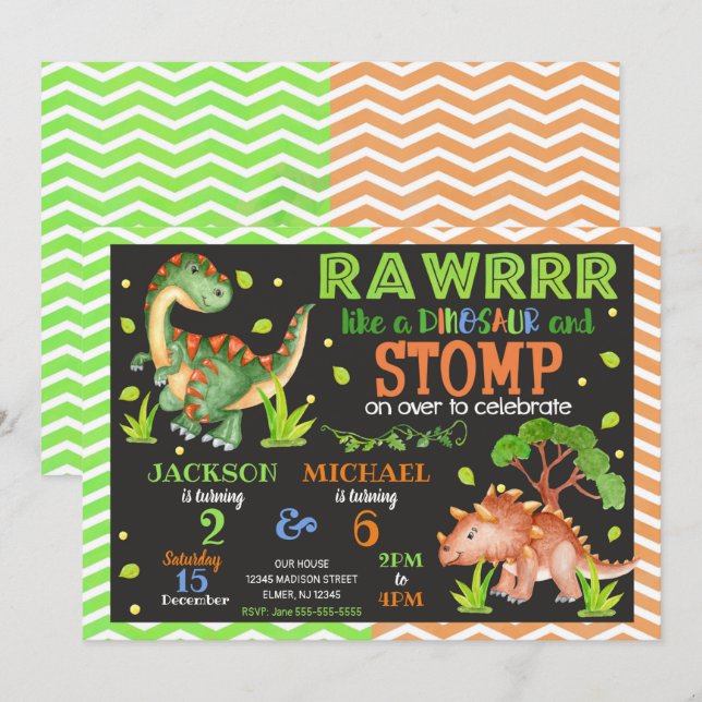 Convite de Aniversário Conjunto de Dinossauro para (Frente/Verso)