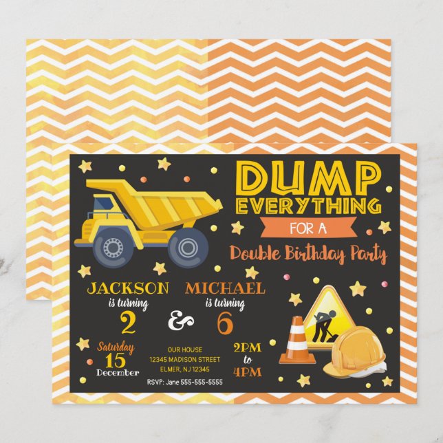 Convite de Aniversário Conjunto de Irmãos Construç (Frente/Verso)