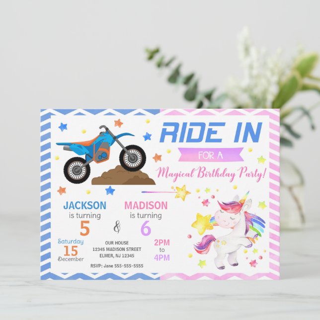 Convite de Aniversário Conjunto de Moto e Unicórni (Em pé/Frente)