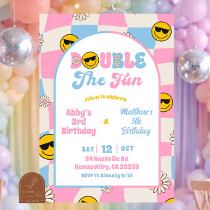 convite de aniversário conjunto xadrez rosa e azul
