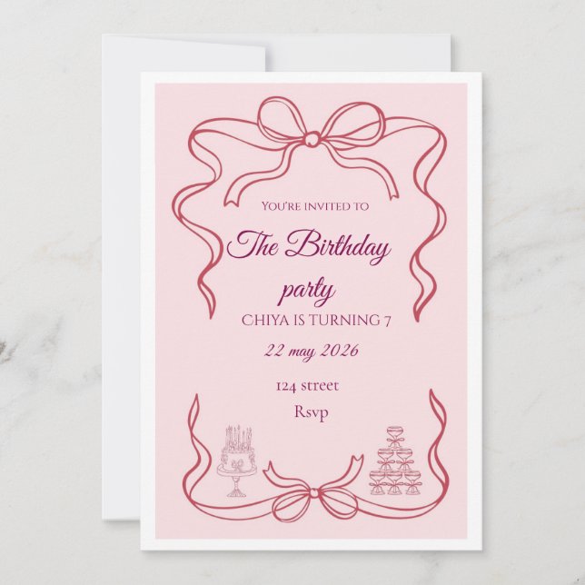 Convite de Aniversário Coquete com Laço Rosa (Frente)