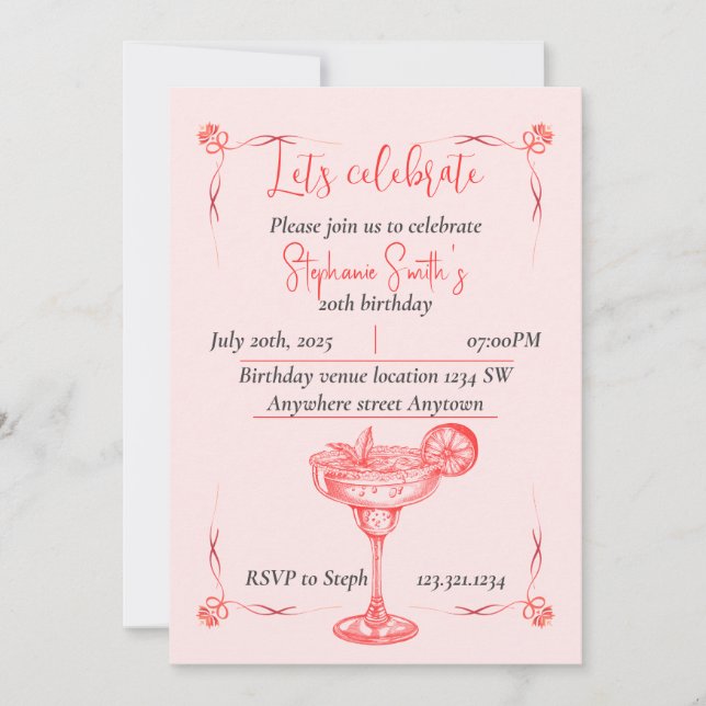 Convite de Aniversário Coquetel Rosa - Vibração de (Frente)