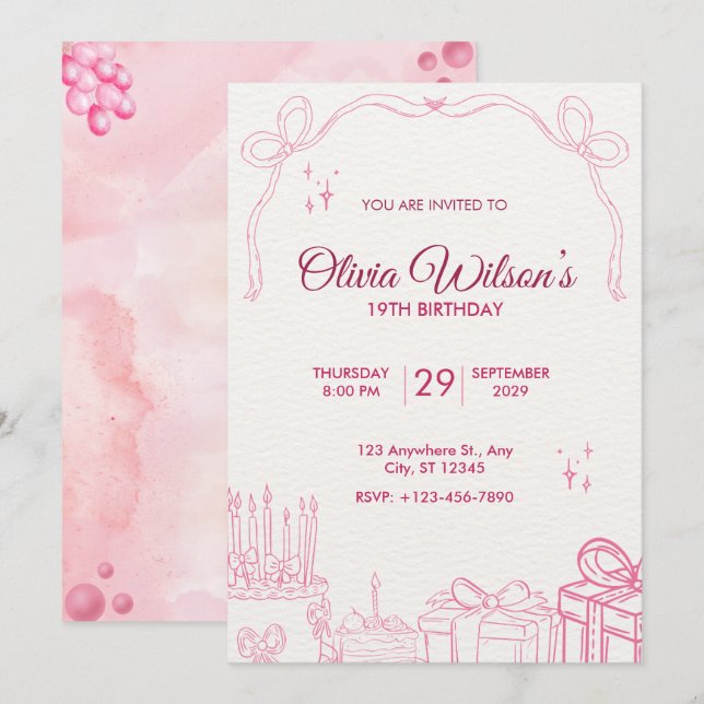 Convite de Aniversário Cor-de-Rosa Desenhado à Mão (Frente/Verso)