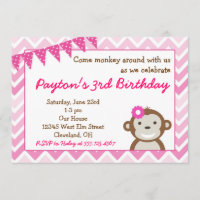 Convite de aniversário cor-de-rosa do macaco da