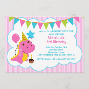 Convite de aniversário cor-de-rosa dos dinossauro