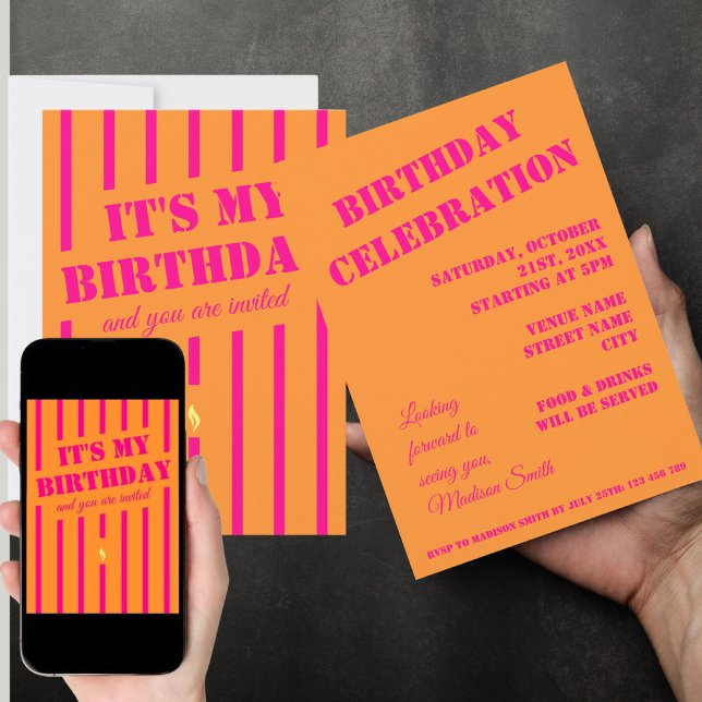 Convite de aniversário cor-de-rosa quente (Criador carregado)