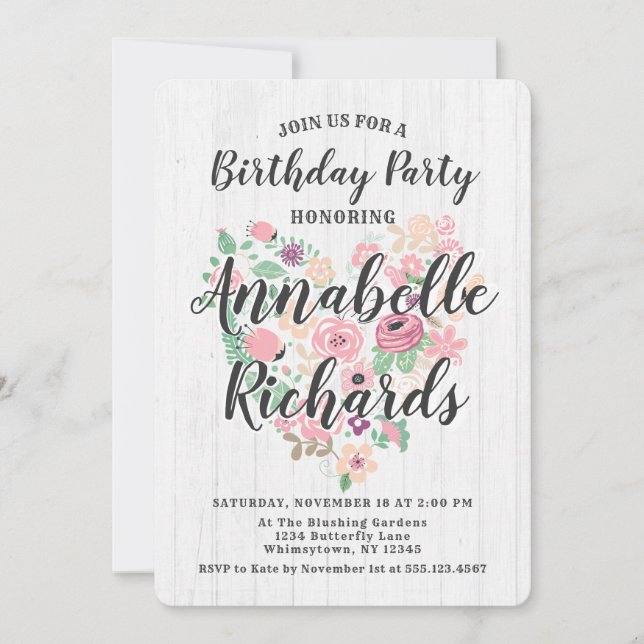 Convite de Aniversário Coração Floral Rosa Bege (Frente)