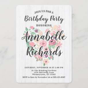 Convite de Aniversário Coração Floral Rosa Bege