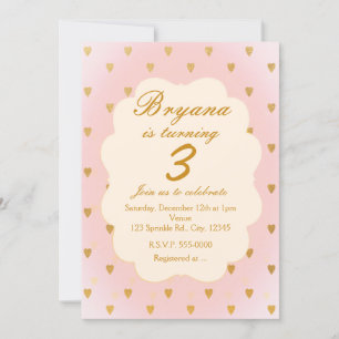 Convite de Aniversário Corações Dourados & Meninas