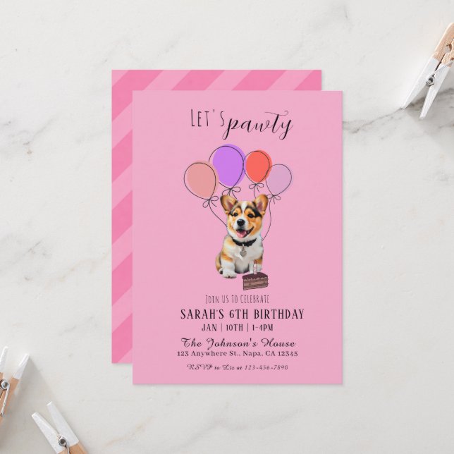 Convite de Aniversário Corgi Rosa Adorável e Diver (Frente/Verso In Situ)