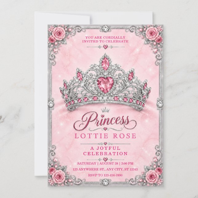 Convite de Aniversário Coroa de Princesa Prata Ros (Frente)