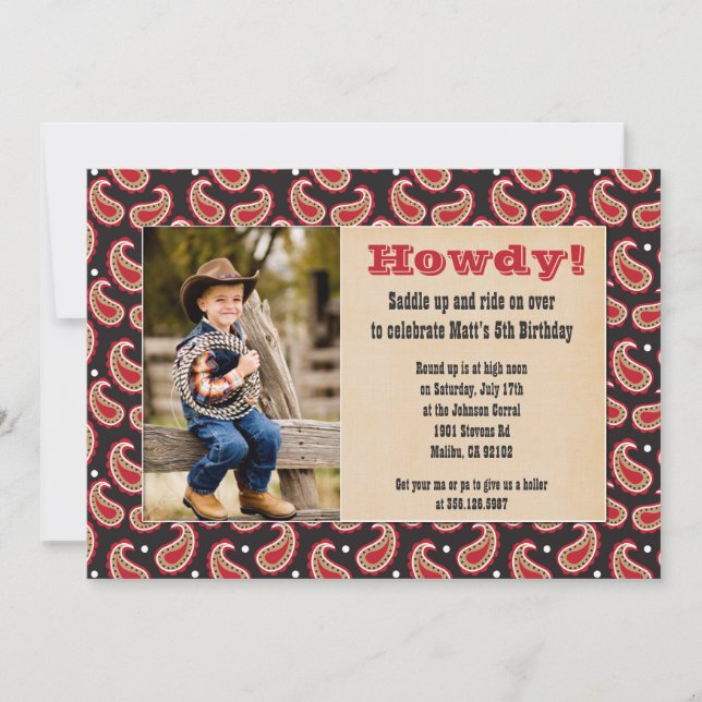 Convite de aniversário Cowboy com Foto (Frente)
