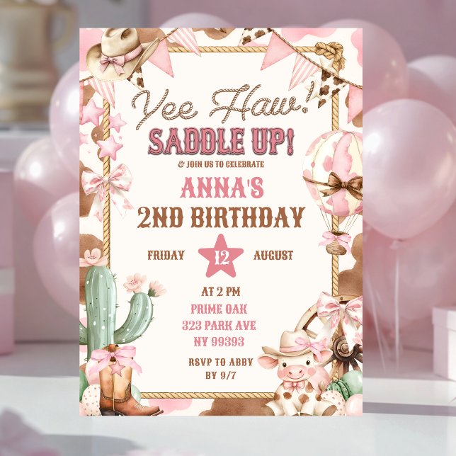 Convite de Aniversário Cowgirl Rosa Yee Haw (Criador carregado)