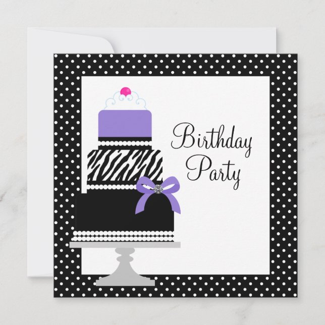 Convite de Aniversário Cupcake Bolo Zebra Roxa (Frente)